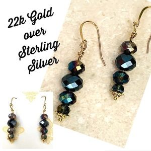 BOHO Indie 22Kt Gold / Sterling Silver Earrings Genuine Crystals in Plums Blues